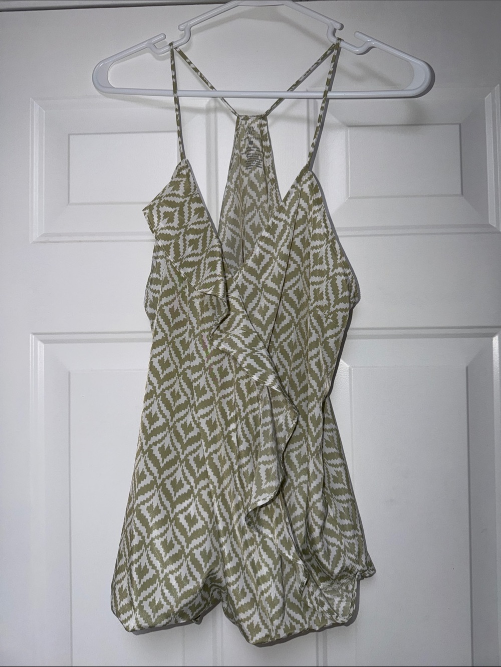 New York & Company Olive Green and White Geometric Ruffle Tank Top